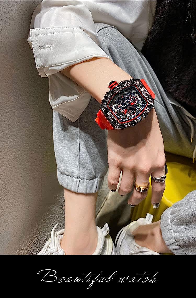 Gosasa Mens Diamond Watches Luxury Tonneau Watches for Men Analog Watch Chronograph Calendar Date Men’s Dress Business Work Watch Large Rectangle Face Wristwatch with Silicon Strap - Image 4